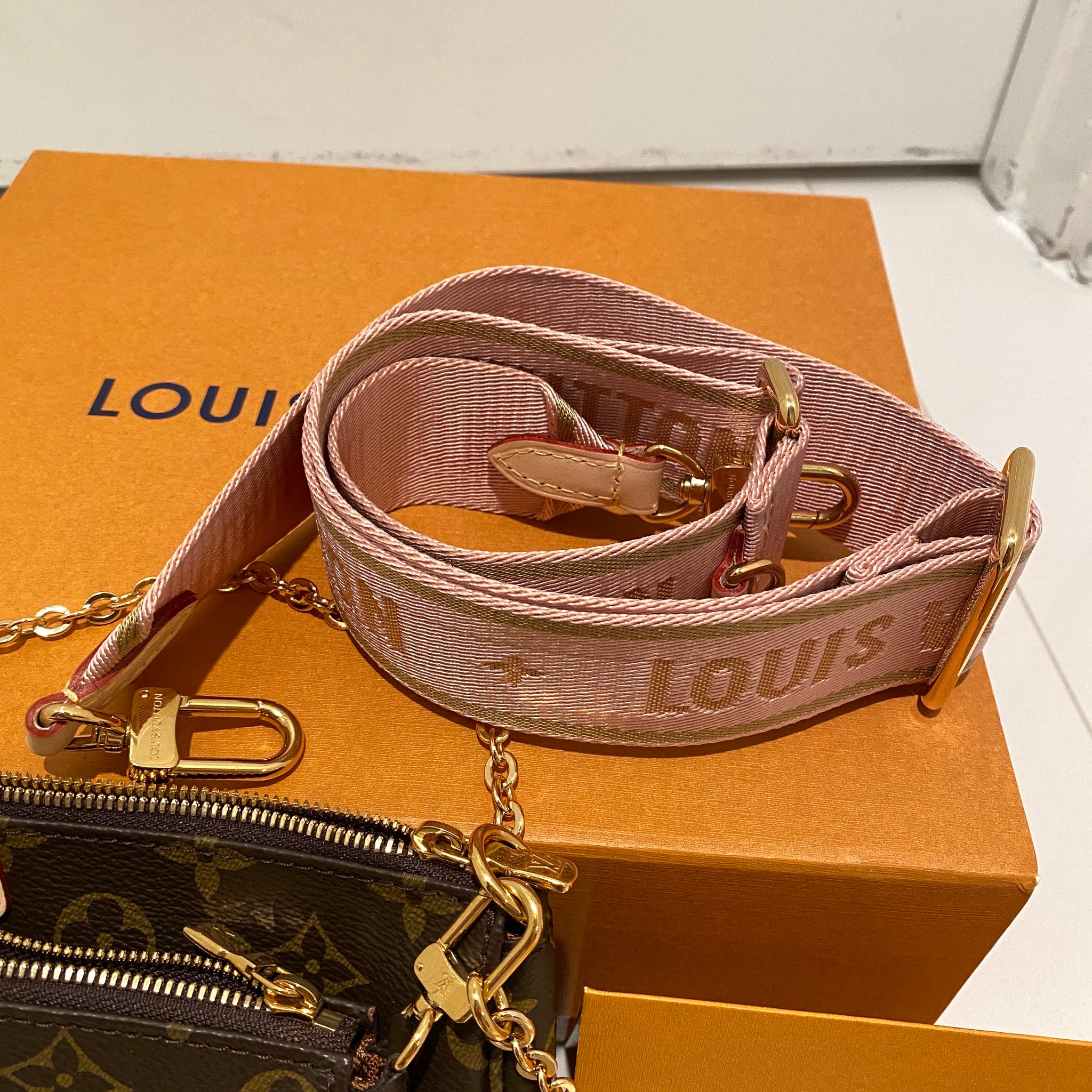 Louis Vuitton Multi Pochette Brown LV Print Rose Pink Green Strap Cros –  Miami Lux Boutique
